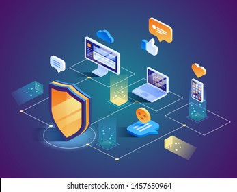 Isometric Security Data Protection concept. Server Pc monitor Tablet Phone Laptop in Cloud network. Vector illustration. 