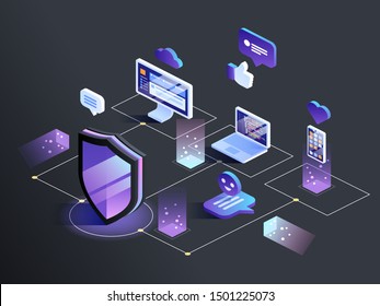 Isometric Security Data Protection concept. Server Pc monitor Tablet Phone Laptop in Cloud network. Vector illustration. 