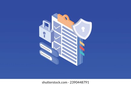 Isometric security of sensitive data protection and passwords cyber security security shield icon padlock electronic document.on blue background.3D design.isometric vector design.