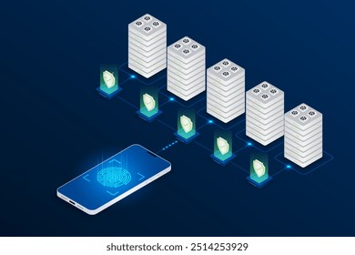 Armazenamento em nuvem de servidor de segurança isométrica com conceito de smartphone. 