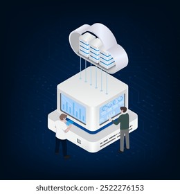 Isometric security server storage with cloud concept.	