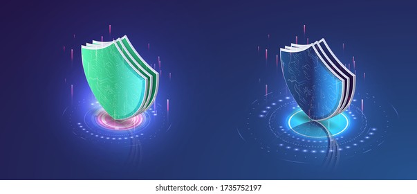 Isometric security shield blue and green. Cyber security and information or network protection. Future technology. Protect and security of safe concept. Presentation shining sticker shield. Defense