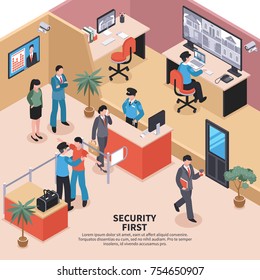 Isometric Security System Control Composition With Editable Text And Office Entrance Checkpoint Interior With Workers Inspection Vector Illustration