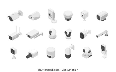 Isometric security systems. Cctv cameras for face recognition, indoor outdoor street monitoring systems. Digital technologies for protection, flawless vector elements