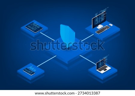 Isometric security technology Laptop, tablet, mobile, router wifi and cloud storage
