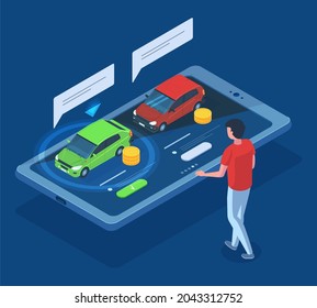 Isometric sedan car rent, purchase, carsharing 3d concept. Online car selection, auto rental, sale, sharing vector illustration set. Online car showroom app