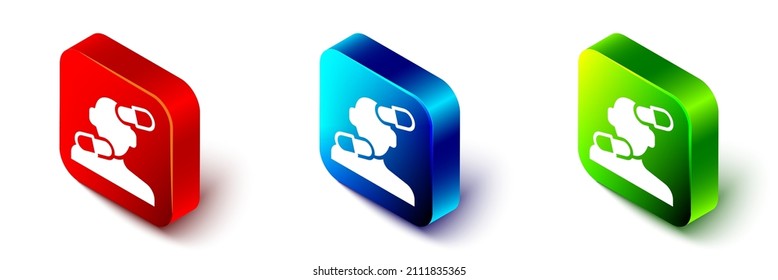 Isometric Sedative pills icon isolated on white background. Red, blue and green square button. Vector