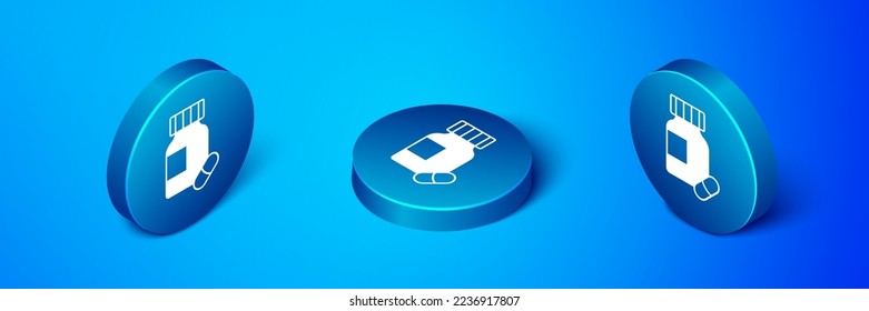 Isometric Sedative pills icon isolated on blue background. Blue circle button. Vector