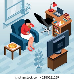 Isometric sedentary composition with indoor view of workplace and fat woman eating pizza and watching tv vector illustration