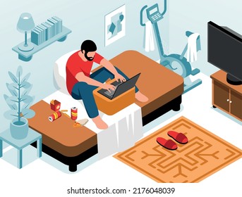 Isometric sedentary lifestyle composition with living room scenery and male freelancer sitting on bed with laptop vector illustration