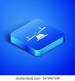 Isometric Seesaw icon isolated on blue background. Teeter equal board. Playground symbol. Blue square button. Vector Illustration