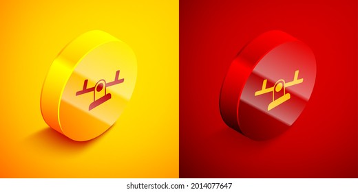 Isometric Seesaw icon isolated on orange and red background. Teeter equal board. Playground symbol. Circle button. Vector