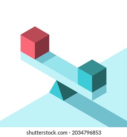 Isometric seesaw weight scale, red and blue cubes. Minimalism, balance, harmony, equilibrium, comparison, choice, testing concept. Flat design. EPS 8 vector illustration, no transparency, no gradients