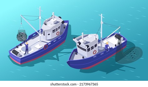 Pescado de caza isométrico. Concepto de buques industriales en proceso de trabajo. Pesca comercial e industrial. Ilustración gráfica del vector