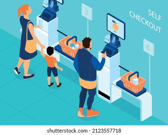 Isometric self checkout supermarket composition visitors buy groceries at self service checkout counters vector illustration