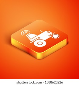 Isometric Self driving wireless tractor on a smart farm icon isolated on orange background. Smart agriculture implement element.  Vector Illustration