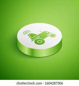 Isometric Self driving wireless tractor on a smart farm icon isolated on green background. Smart agriculture implement element. White circle button. Vector Illustration