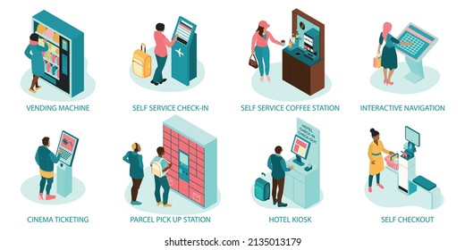 Isometric self service composition set with vending machine self service check in coffee station vector illustration