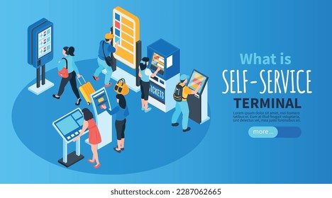 Isometric self service horizontal banner with characters of terminal users editable text and slider more button vector illustration