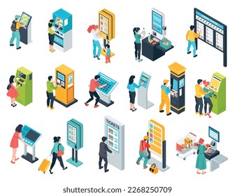 Isometric self service terminal set of isolated icons with electronic touchscreen machines boards and human characters vector illustration