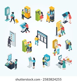 Isometric self service terminal set of isolated icons with electronic touchscreen machines boards and human characters vector illustration