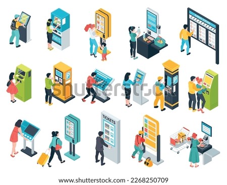 Isometric self service terminal set of isolated icons with electronic touchscreen machines boards and human characters vector illustration