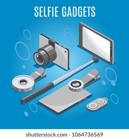 Isometric selfie gadgets including smart phone with monopod, camera, lenses, remote control, blue background, vector illustration