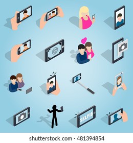 Isometric selfie icons set. Universal selfie icons to use for web and mobile UI, set of basic selfie elements vector illustration