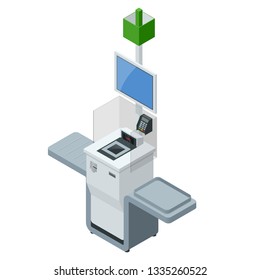 Isometric self-service cashier or terminal. Point with self-service checkout in the supermarket.