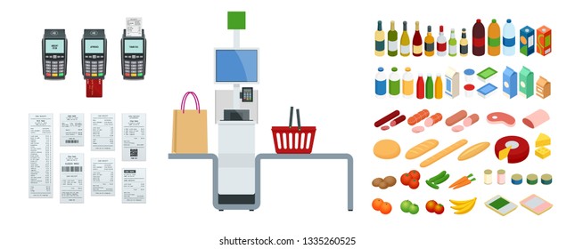 Isometrische Selbstbedienungskasse oder Terminal. Point mit Selbstbedienungskasse im Supermarkt.