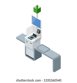 Isometric self-service cashier or terminal. Point with self-service checkout in the supermarket.