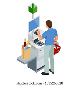 Isometric self-service cashier or terminal. Young man paying at the self-service counter using the touchscreen display