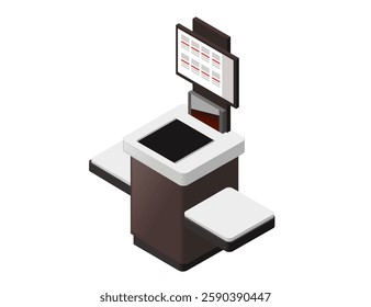 Isometric self-service checkout kiosks with screens. Supermarket payment terminals. Retail self-checkout systems. Modern store payment equipment. Digital ATM. Vector illustration isolated.
