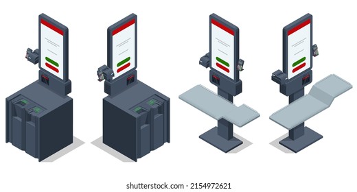 Isometric Self-service checkout. Self-checkout machines in a supermarket, Supermarket cashier checkout work place with card payment terminal