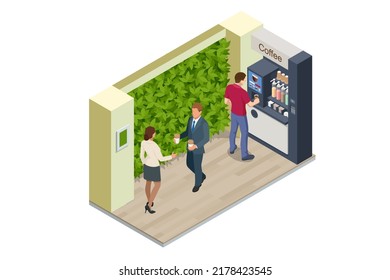 Isometric self-service coffee machines offer consistent quality coffee. Vending machine with coffee in the supermarket, Tables with chairs.