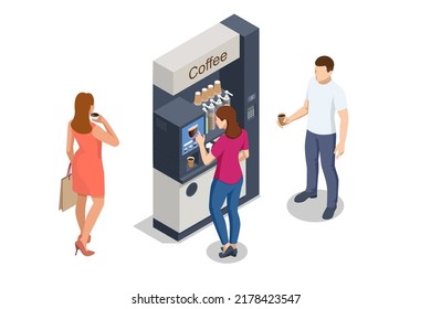 Las cafeteras isométricas de autoservicio ofrecen un café de calidad constante. Máquina expendedora de café en el supermercado.