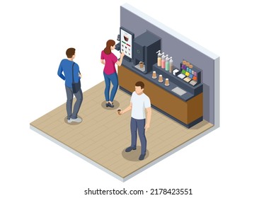 Isometric self-service coffee machines offer consistent quality coffee. Vending machine with coffee in the supermarket.