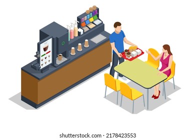 Isometric self-service coffee machines offer consistent quality coffee. Vending machine with coffee in the supermarket, Tables with chairs.