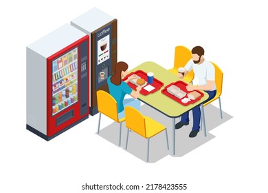 Isometric self-service coffee machines offer consistent quality coffee. Vending machine with coffee in the supermarket, Tables with chairs.