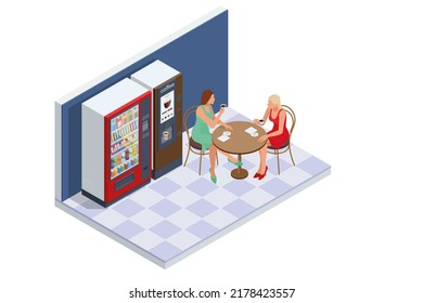 Isometric self-service coffee machines offer consistent quality coffee. Vending machine with coffee in the supermarket, Tables with chairs.