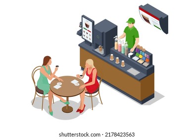 Isometric self-service coffee machines offer consistent quality coffee. Vending machine with coffee in the supermarket, Tables with chairs.