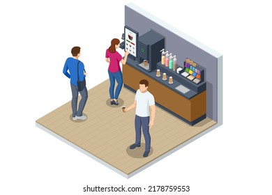 Isometric self-service coffee machines offer consistent quality coffee. Vending machine with coffee in the supermarket.