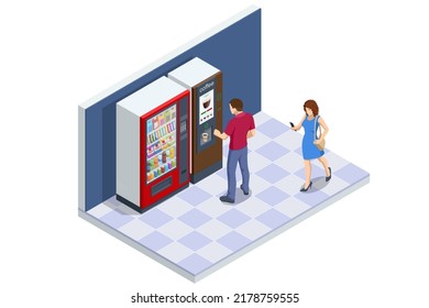 Isometric self-service coffee machines offer consistent quality coffee. Vending machine with coffee in the supermarket.