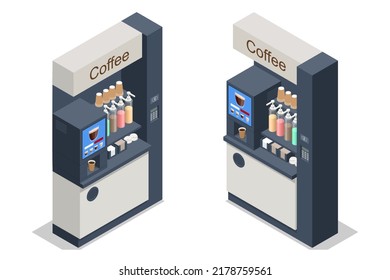 Isometric self-service coffee machines offer consistent quality coffee. Vending machine with coffee in the supermarket. Self service coffee machine