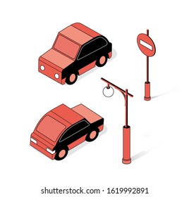 The Isometric Semaphore Streetlight Set With Traffic Signs And Cars