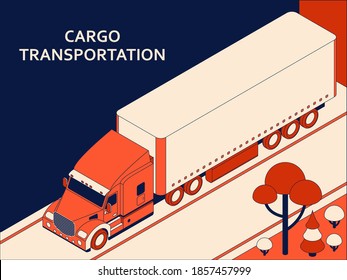 Camión semirremolque isométrico con taxi rojo que transporta carga comercial que se mueve por la autopista. Ilustración del vector