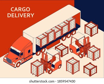 Isometric semi truck with red cab transporting commercial cargo. Forklift for raising and transporting goods. Working transport. Vector illustration