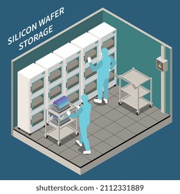 Isometric semiconductor production composition with silicon wafer storage room and two workers in chemical suits 3d vector illustration