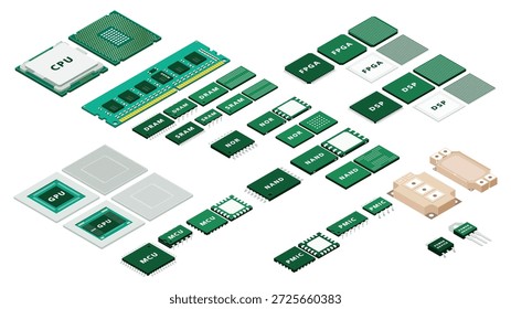 Isometrisches Halbleitersystemdiagramm zur Darstellung von CPU GPU DRAM HBM Logic IC Power Devices und Chip-Architektur für Computerhardware und Industrie Bildung