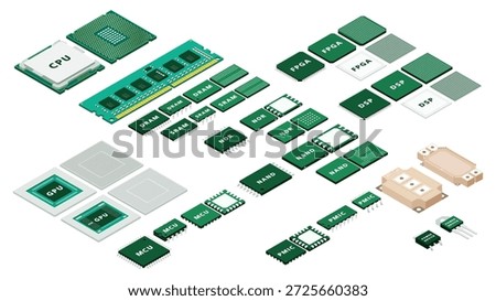 Isometric Semiconductor System Diagram Illustrating CPU GPU DRAM HBM Logic IC Power Devices and Chip Architecture for Computer Hardware Industry Education
